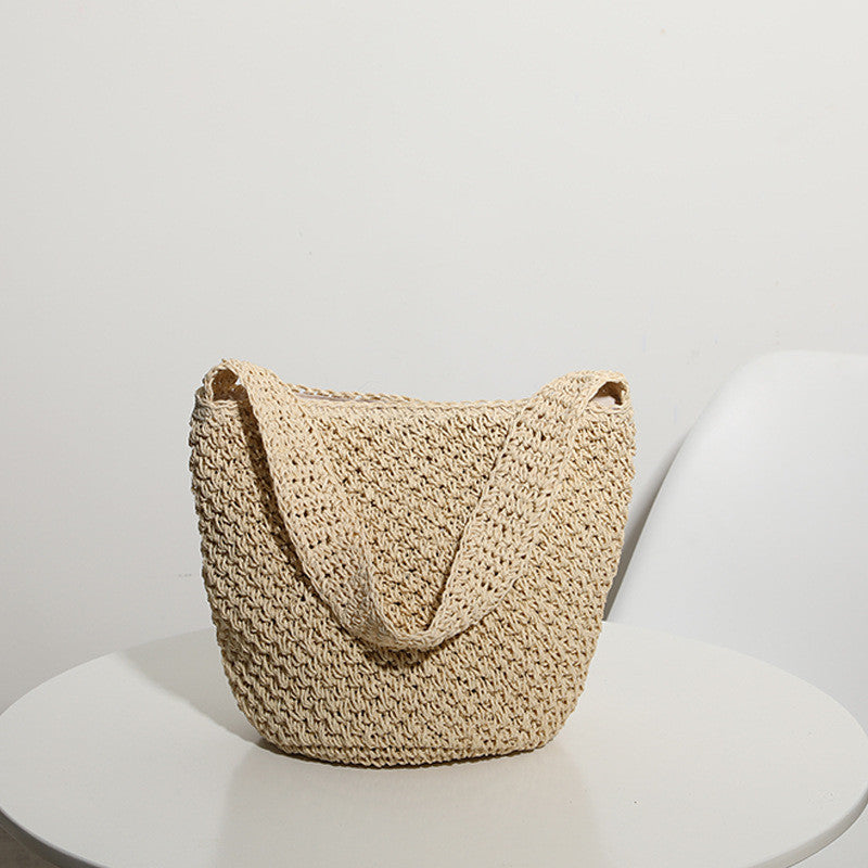 Ielgy Ladies Hand-Woven Bucket Bag Seaside Vacation Beach Bag