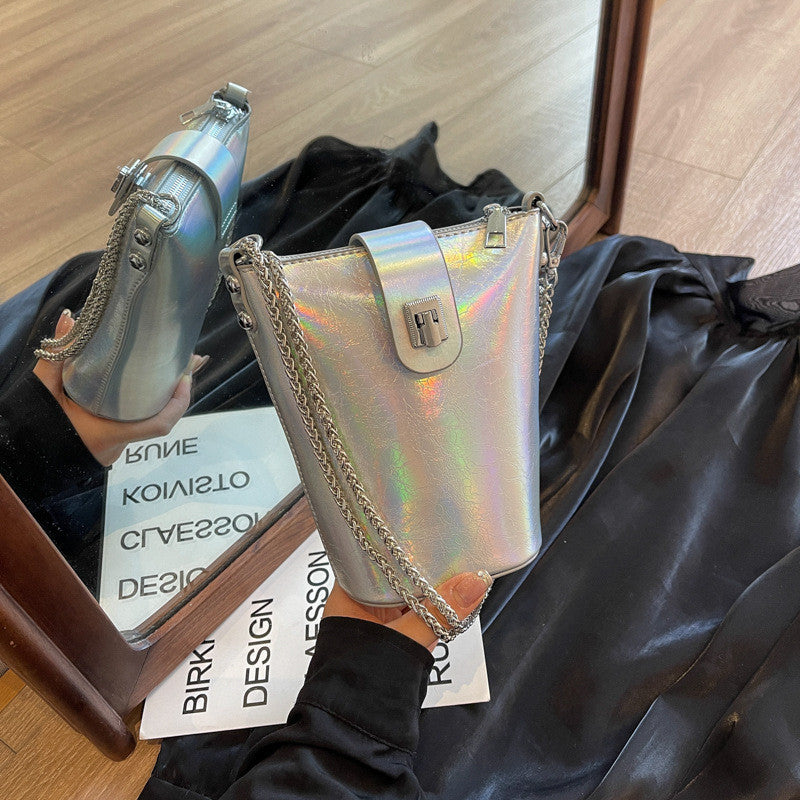 Ielgy Korean Version Casual Silver Bucket Bag Fashion Simple Shoulder Ladies Cross-body Mobile Phone Bag