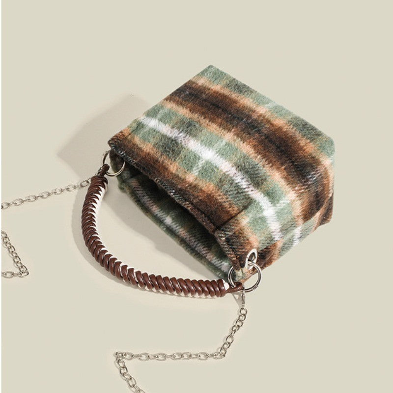 Ielgy Korean Style Lazy Style Portable Plaid Bag Woolen Shoulder Simple Niche Chain Bucket Bag