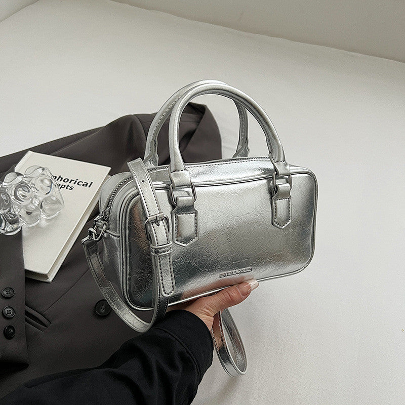 Ielgy Ladies High-End Boston Pillow Handbag Casual All-Match Silver Messenger Bag
