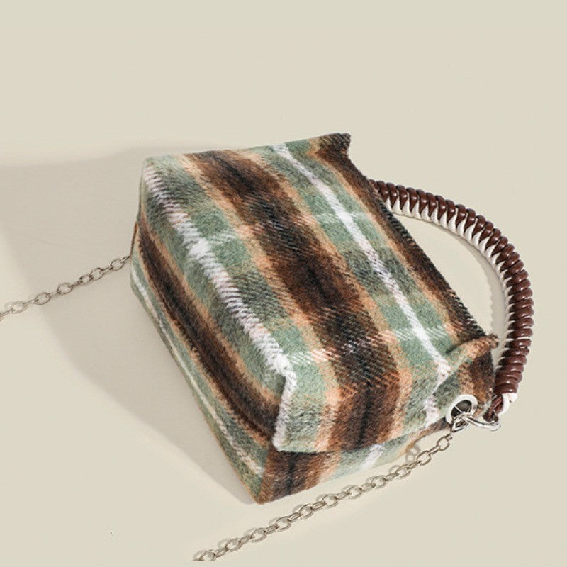 Ielgy Korean Style Lazy Style Portable Plaid Bag Woolen Shoulder Simple Niche Chain Bucket Bag