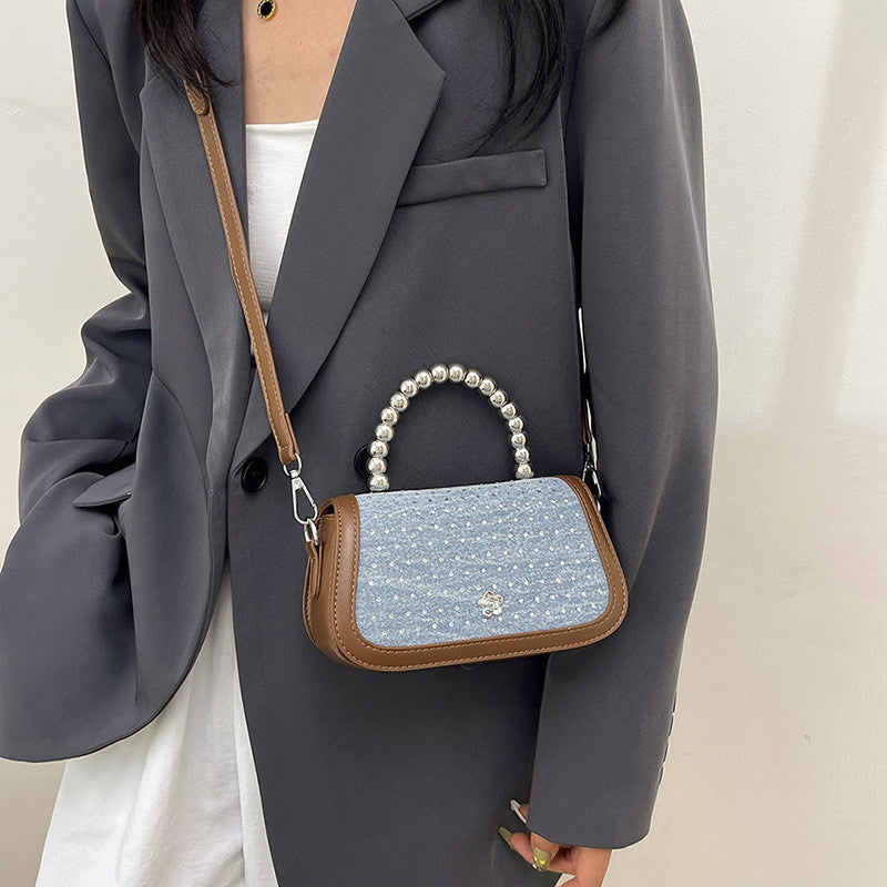 Ielgy Beaded Portable Denim Small Square Bag Summer All-Match Texture Fashion One-Shoulder Messenger Bag