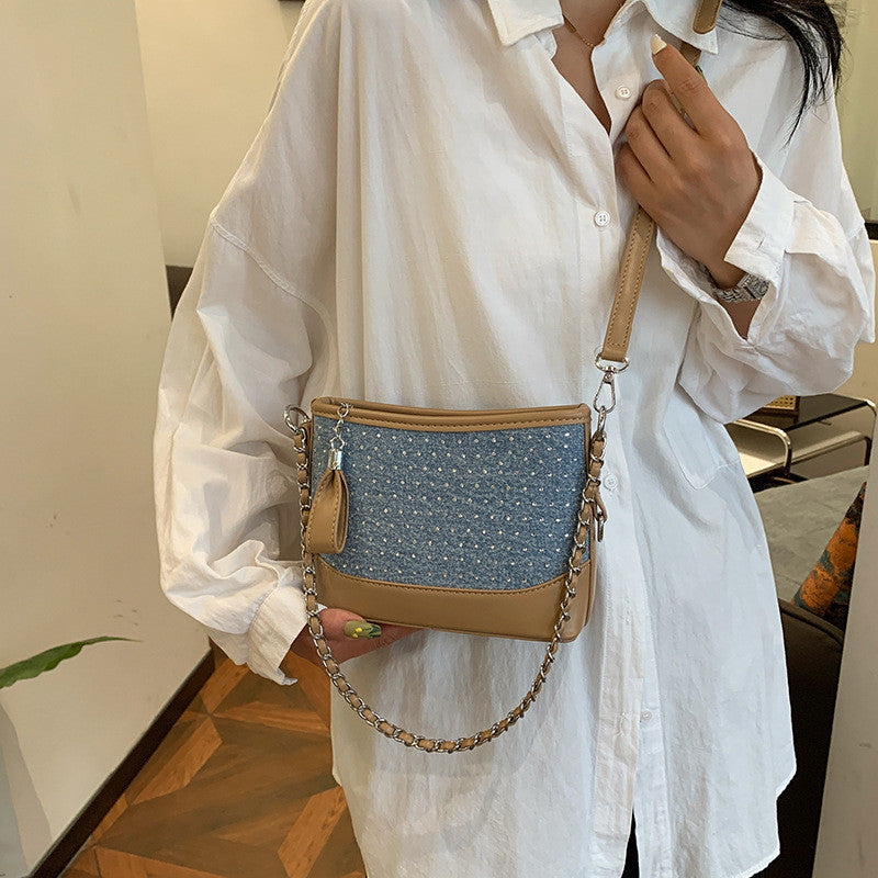 Ielgy Contrast Color Denim Bag All-Match Chain Cross-Body Bucket Bag