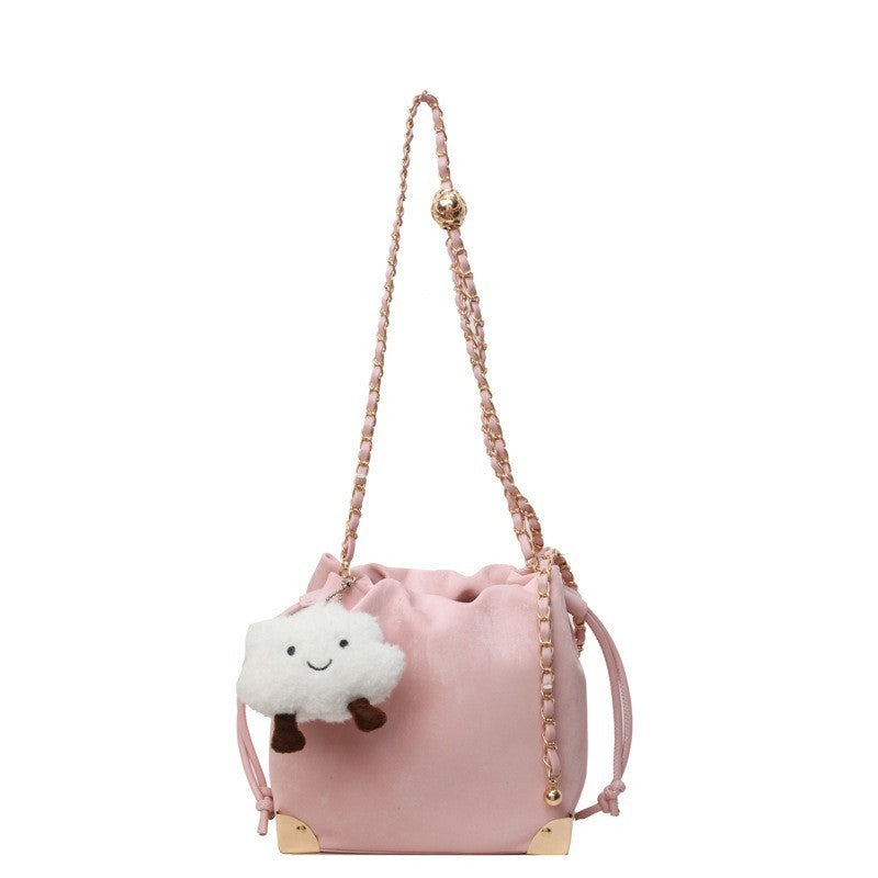 Ielgy Fashion Drawstring All-Match Cross-Body Bucket Bag Pink, White, Black Chain Drawstring Bag