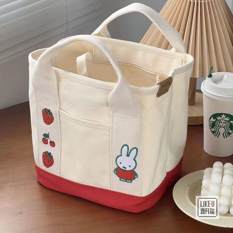 Ielgy Cartoon Strawberry Rabbit Embroidered Canvas Bag Outing Hand Bag Lunch Bag Office Worker Portable Storage Bag
