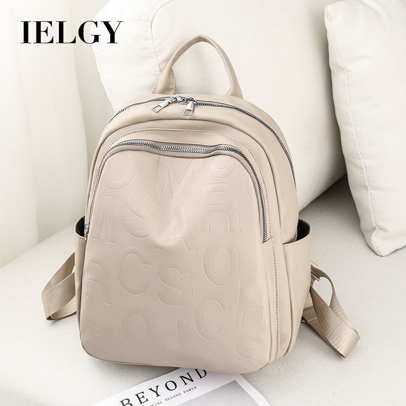 Ielgy Ladies PU Soft Leather Texture Backpack Fashion Letter Printing Travel Bag Simple Lightweight Commuter Bag