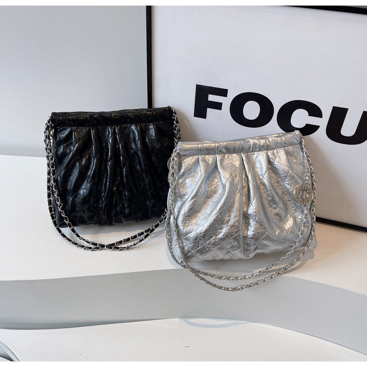 Ielgy Ladies Silver Tote Bag Korean Version Work Commuter Large-Capacity Pleated One-Shoulder Armpit Bag