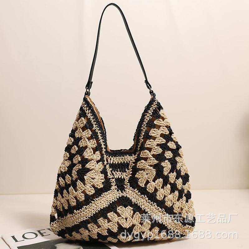 Ielgy Straw Hollow Contrast Color Woven Bag Vacation Beach Bag
