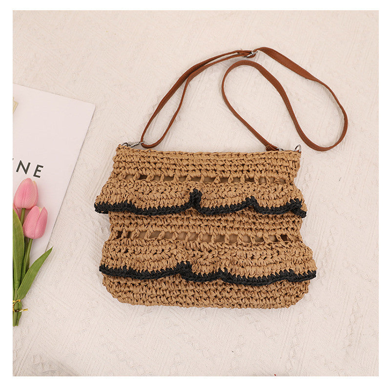 Ielgy Cross-Body Lace Straw Bag Ruffled Colorful Woven Bag Seaside Beach Vacation Bag