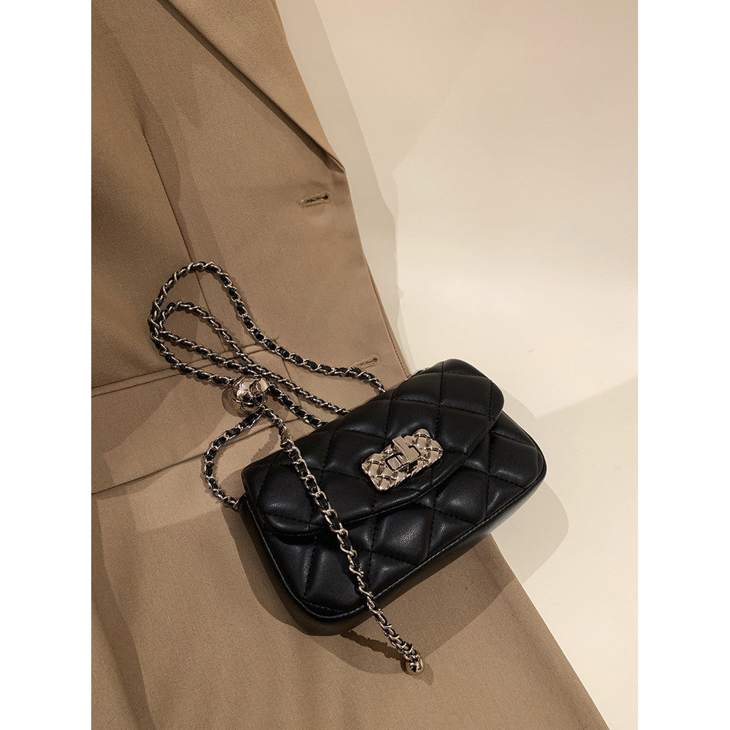 Ielgy Ladies Black Diamond Small Golden Ball Chain Small Square Bag Fashionable All-Match Shoulder Messenger Bag