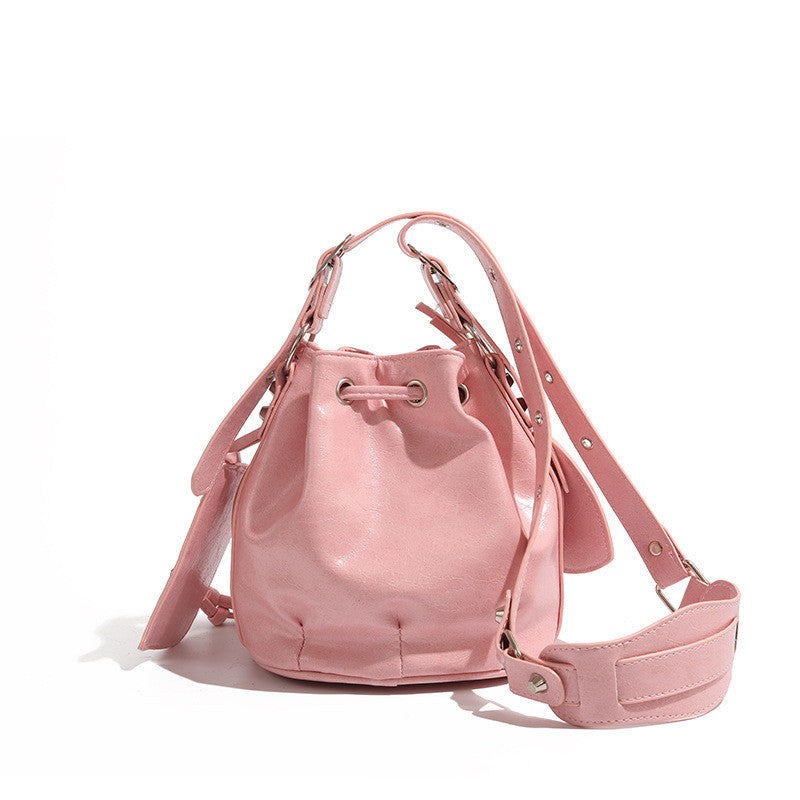 Ielgy Ladies All-Match Drawstring Silver Female Bag Fashion Bucket Bag Rivet Motorcycle Bag Casual Commuter Shoulder Messenger