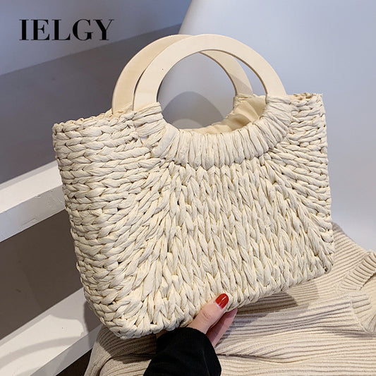 Ielgy Hand-Woven Bag Summer Beach Bag Fashion Retro Portable Straw Bag
