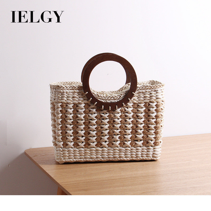 Ielgy Ladies Retro Striped Straw Bag Mori Series Large Capacity Vacation Rattan Beach Bag