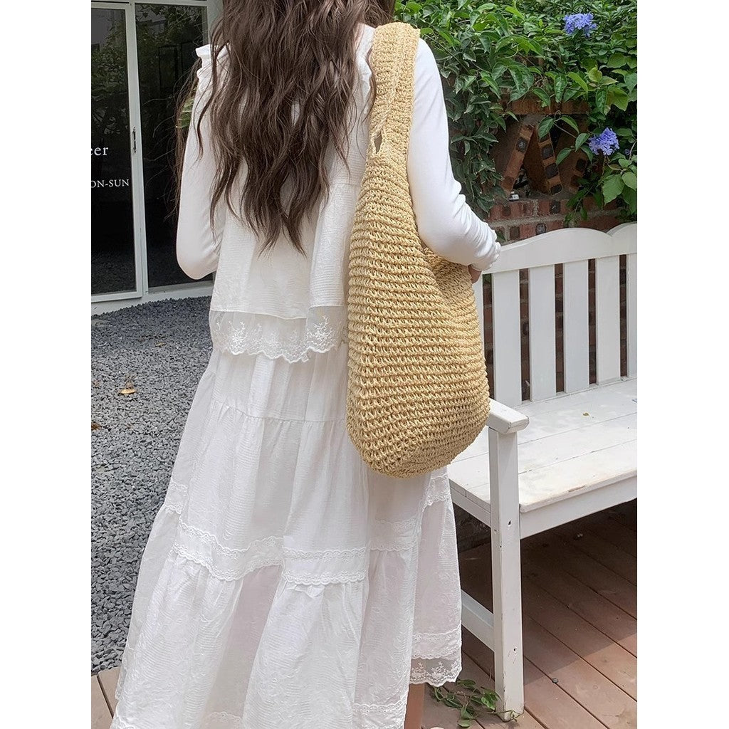 Ielgy Seaside Vacation Straw Bag Beach Bag One Shoulder Mori Style Hand-woven Bag Large Capacity