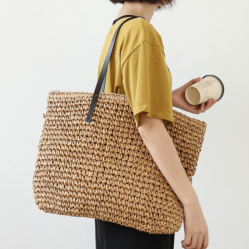 Ielgy Summer Pastoral Style Woven Beach Bag Leisure Seaside Vacation Portable Female Bag Large Capacity Straw Woven