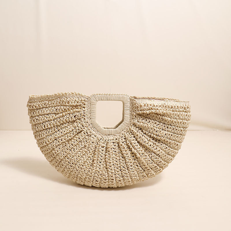 Ielgy All-Match Simple Solid Color Portable Straw Bag Moon Clutch Straw Bag Woven Holiday Style Beach Female Bag