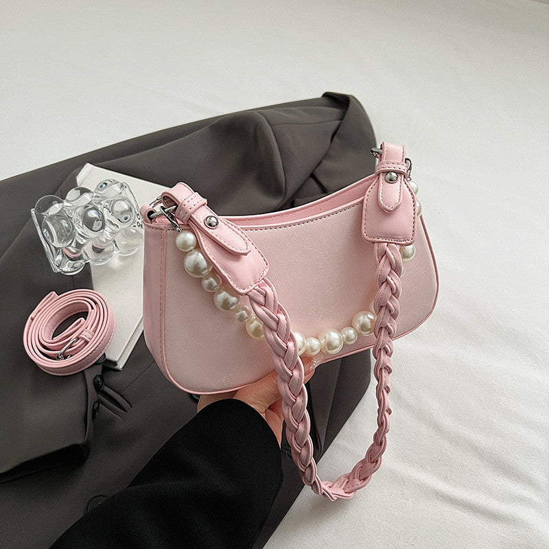 Ielgy Portable Small Bag Western Classy One-Shoulder Fashion Simple Retro Pearl Portable Messenger Bag
