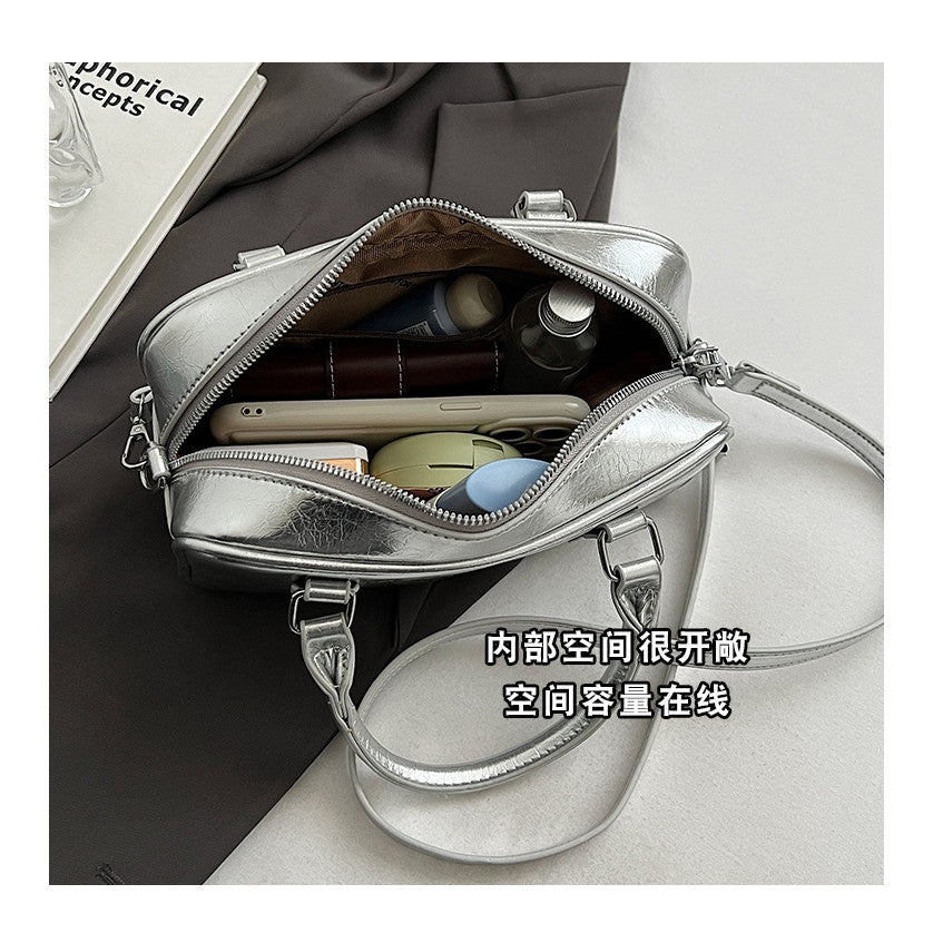 Ielgy Ladies High-End Boston Pillow Handbag Casual All-Match Silver Messenger Bag