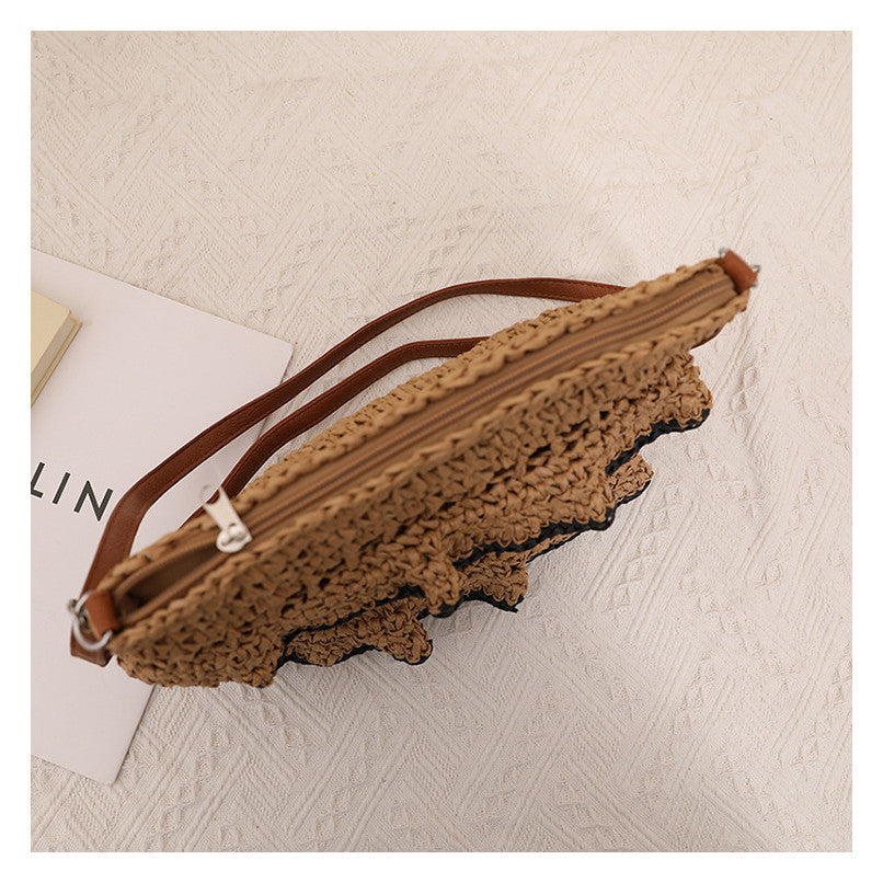Ielgy Cross-Body Lace Straw Bag Ruffled Colorful Woven Bag Seaside Beach Vacation Bag