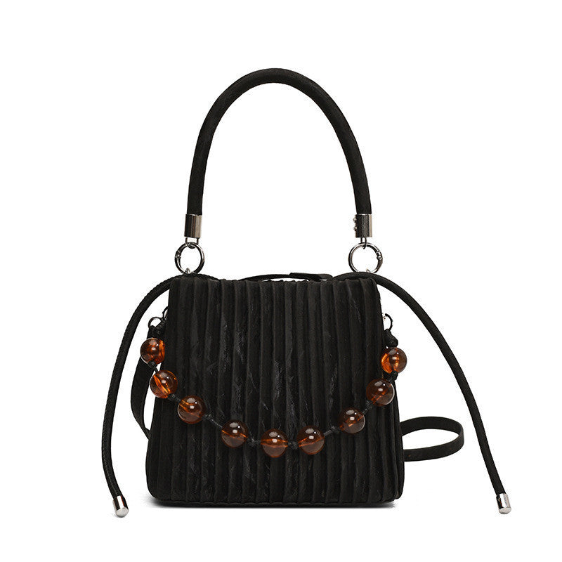 Ielgy Ladies Niche Pleated All-Match Messenger Bag Fashion Beaded Portable Bucket Bag
