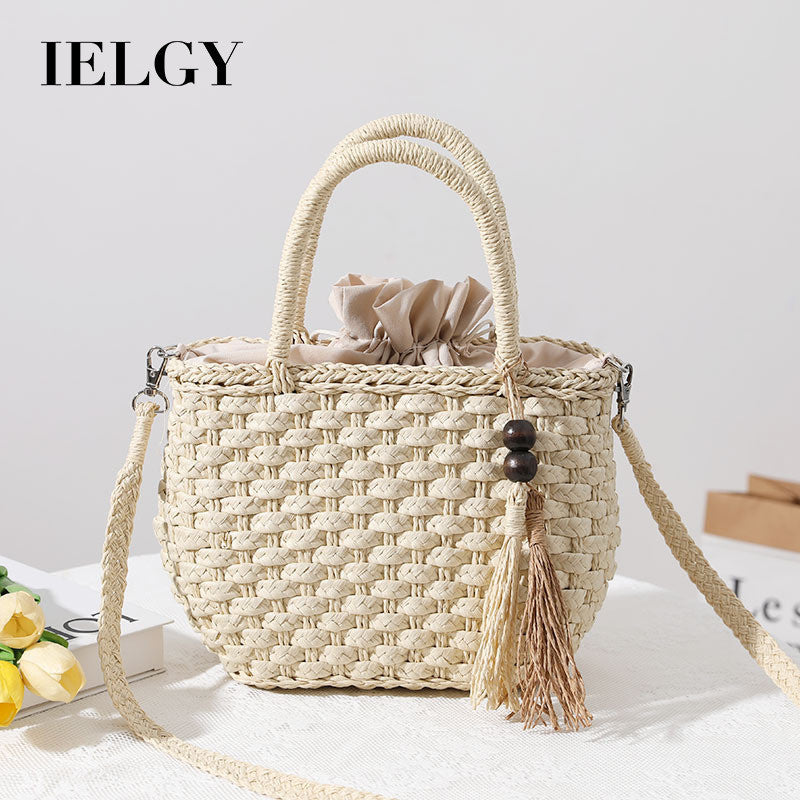 Ielgy Straw Bag Cute Handmade Bucket Rattan Bag One Shoulder Messenger Woven Bag