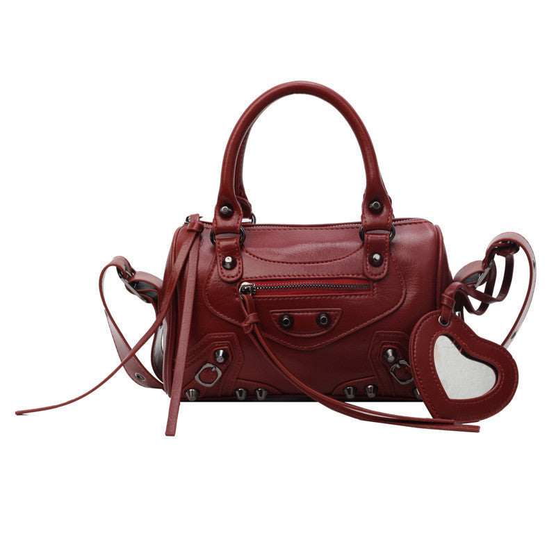Ielgy High-End Rivets Hot Girl Style Texture Boston Handbag Niche One-Shoulder Messenger Motorcycle Bag