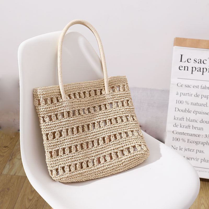 Ielgy Large-Capacity Straw Bag Hollow Classy One-Shoulder Portable Woven Female Bag Vacation Rattan