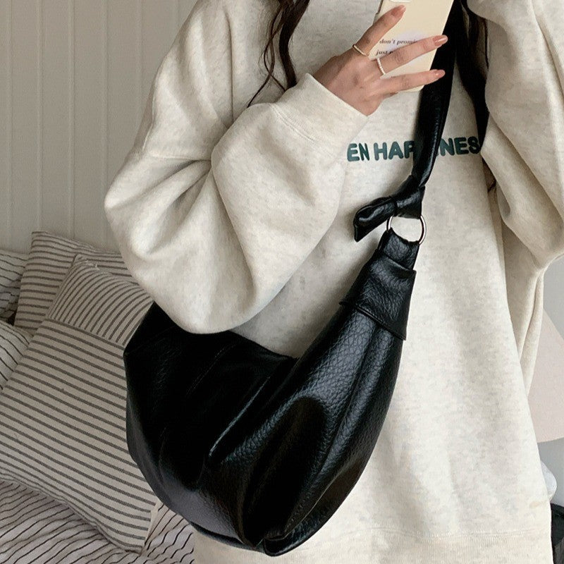 Ielgy Ladies Large-Capacity Retro Soft Leather Pleated Dumpling Bag Lazy Style Casual All-Match Croissant Shoulder Mess