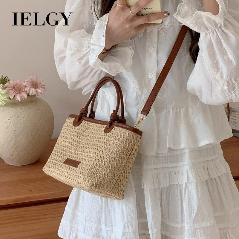 Ielgy Beach Style Portable Woven Small Bag Shoulder Cross-body Vegetable Basket Bucket Straw Bag
