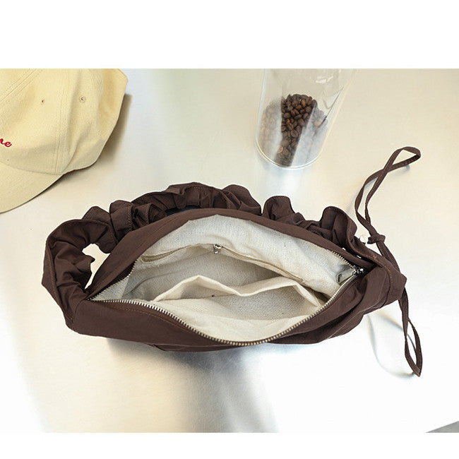 Ielgy Korean Version Casual Literary One-Shoulder Female Bag Pleated Nylon Dumpling Bag Fashion Drawstring Canvas Messenger Bag