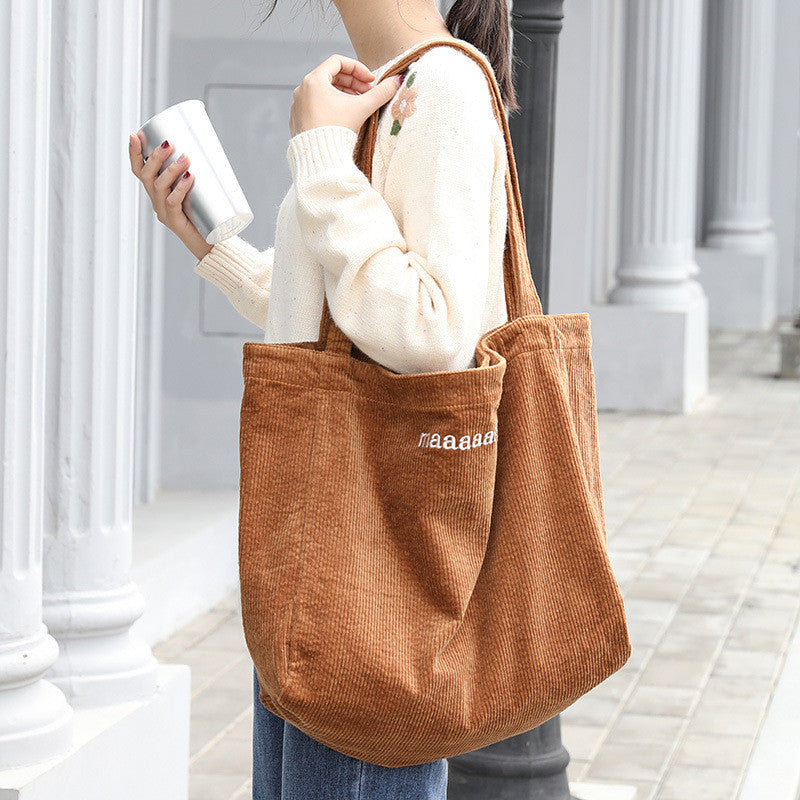 Ielgy Japanese Casual Literary Handbag Letter Embroidery Canvas Shopping Bag Fashion Corduroy Shoulder Bag