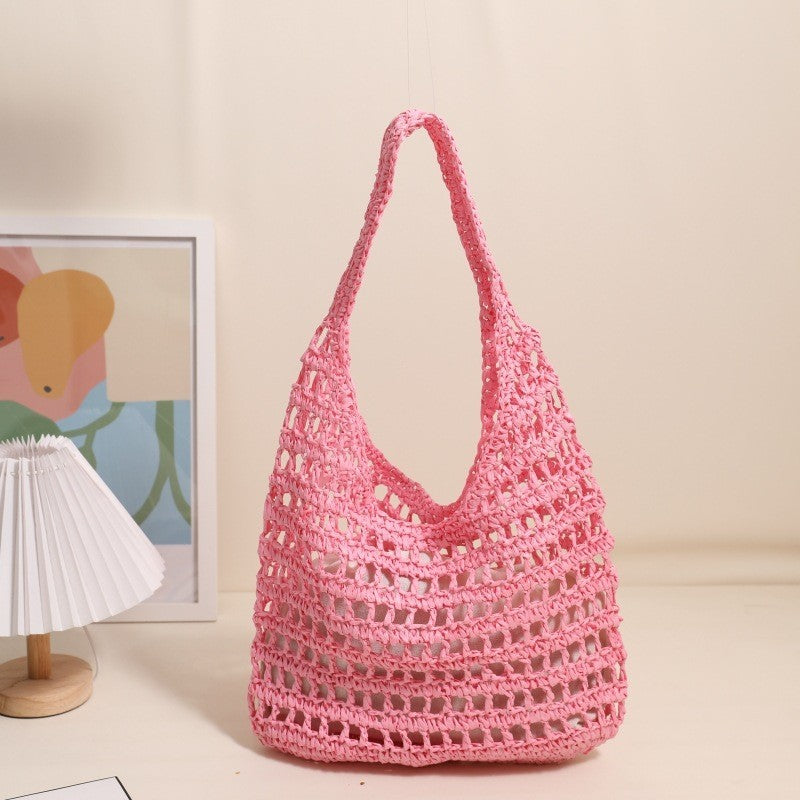 Ielgy French Large-Capacity One-Shoulder Straw Bag Seaside Vacation Hollow Tote Portable Beach Bag