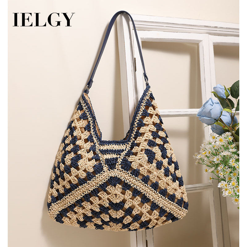 Ielgy Straw Hollow Contrast Color Woven Bag Vacation Beach Bag