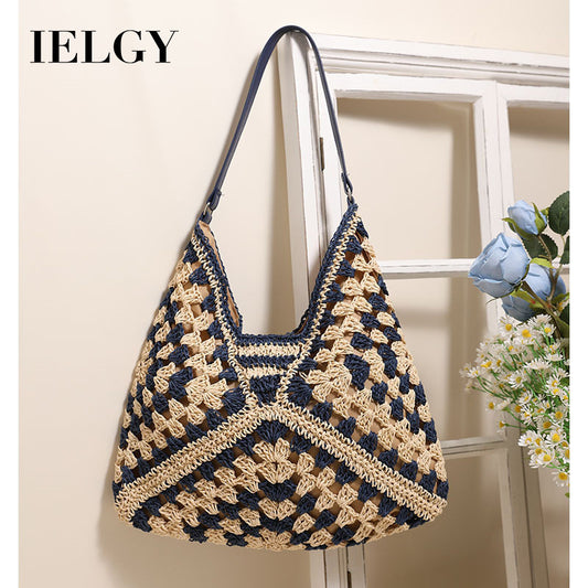 Ielgy Straw Hollow Contrast Color Woven Bag Vacation Beach Bag