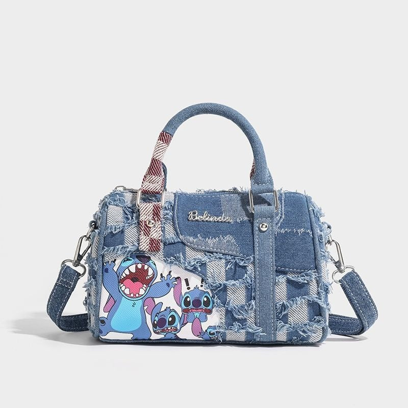 Ielgy Contrast Color Niche Cartoon Stitch Denim Bag Hole Stitching Cross-body Portable Pillow Bag