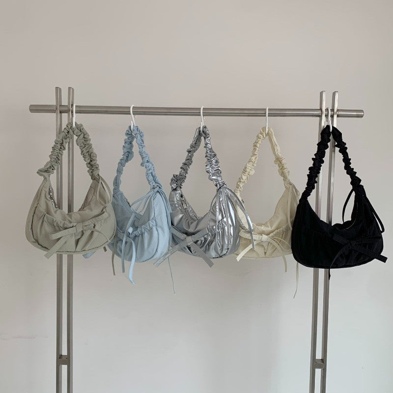 Ielgy Casual Unique Pleated Drawstring Lace-Up Nylon Lazy Style Underarm Messenger Bag ins