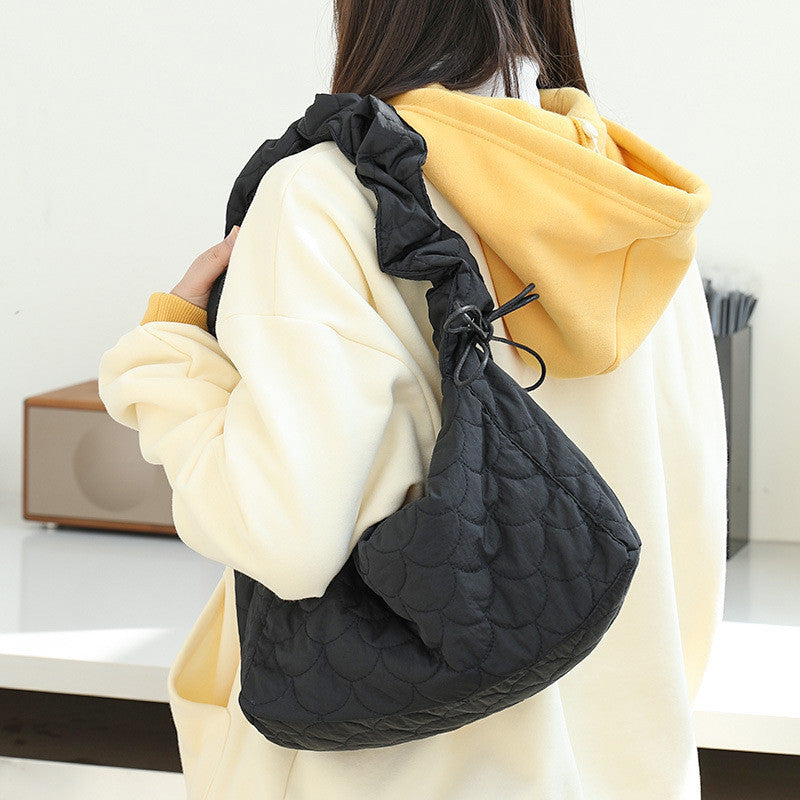 Ielgy Japanese Casual Drawstring Canvas Underarm Bag Fashion Embroidery Thread One Shoulder Pleated Quilted Messenger