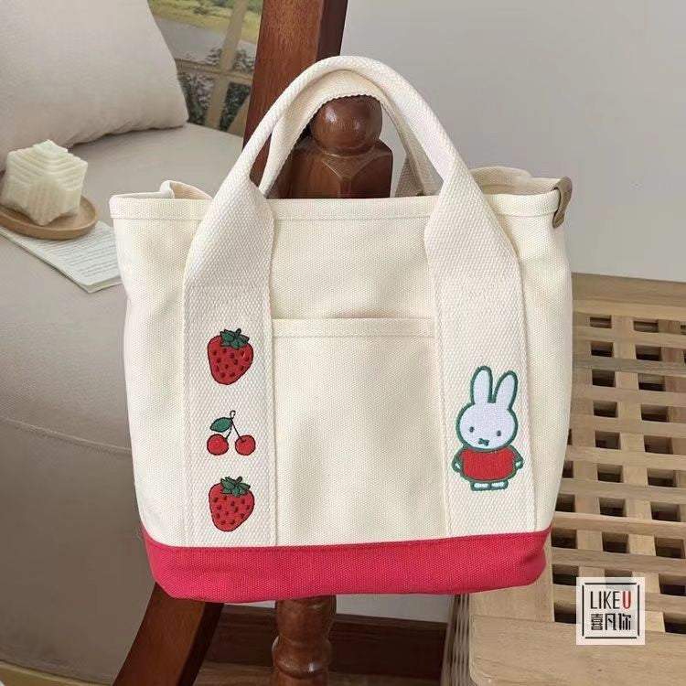 Ielgy Cartoon Strawberry Rabbit Embroidered Canvas Bag Outing Hand Bag Lunch Bag Office Worker Portable Storage Bag