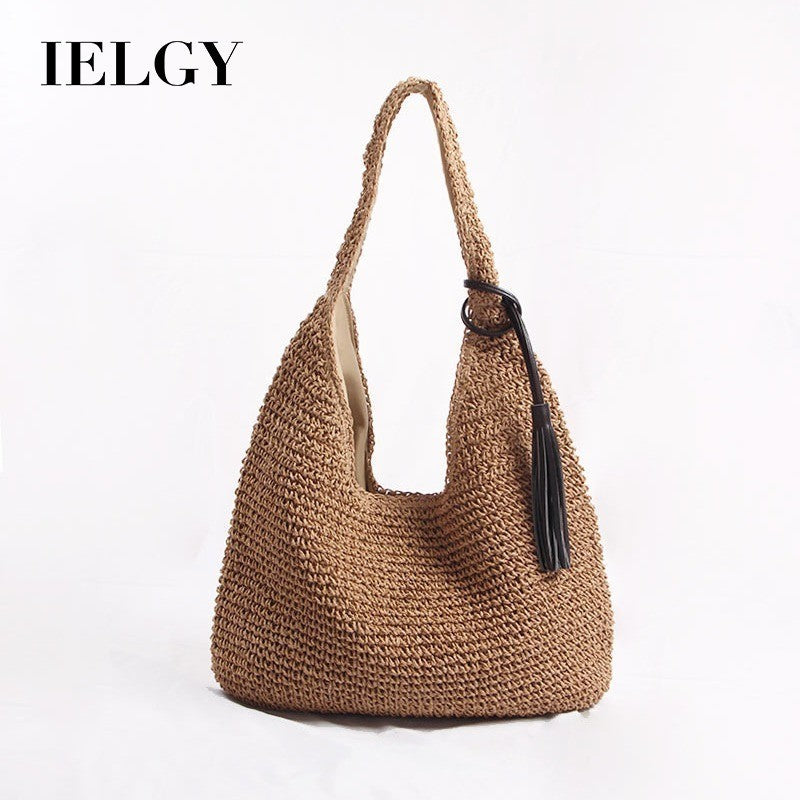 Ielgy One-Shoulder Large-Capacity Straw Bag Casual Beach Bag Vacation One-Shoulder Portable Commuter Fe