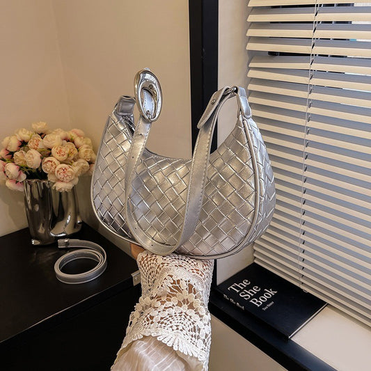 Ielgy High-End Feeling Silver Underarm Bag Korean Version Fashion Trendy Dumpling Bag Niche Woven Large-Capacity Simple Shoulder Bag