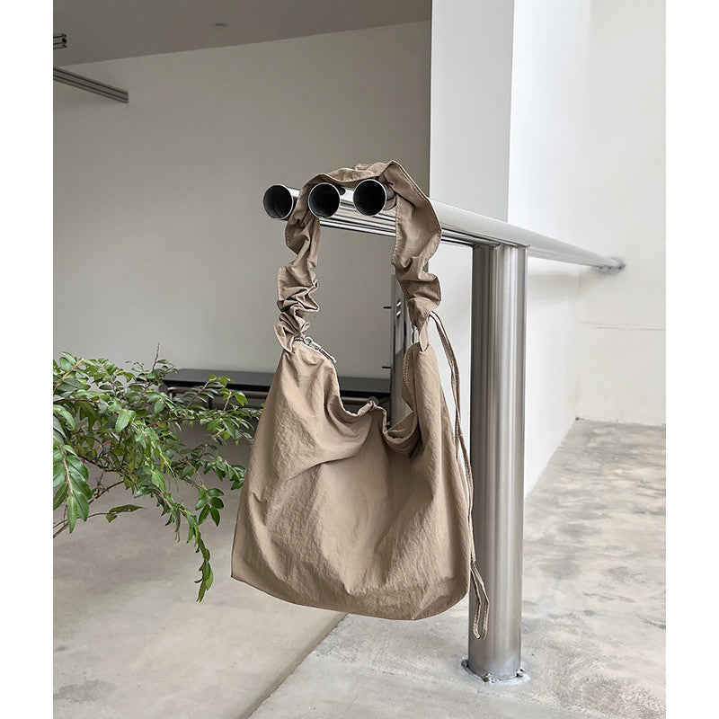 Ielgy Japanese Casual Drawstring Handbag Small Fresh Pleated Shoulder Fashion Nylon Cloth Crossbody Bag