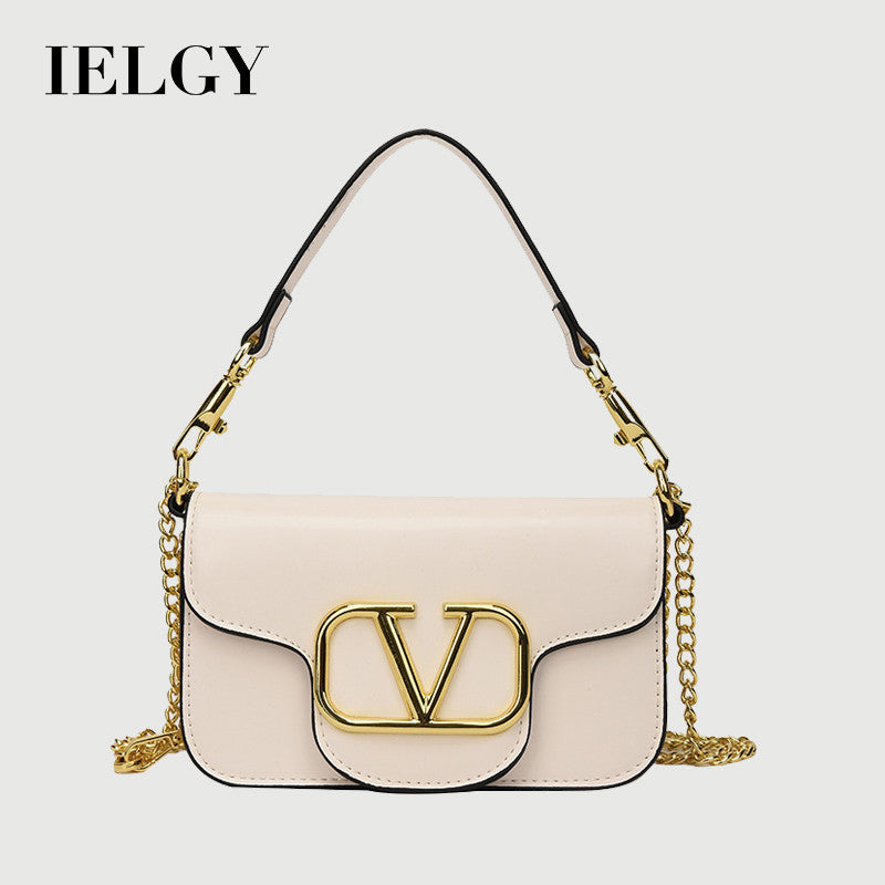 IELGY Chain Bag Women's Simple Fashion Texture Foreign Style Golden V-shaped Design Small Square Bag