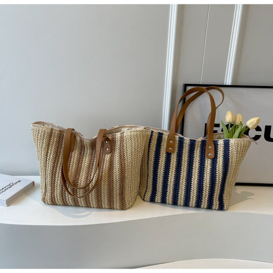 Ielgy Retro Large-Capacity Straw Woven One-Shoulder Texture Woven Beach Vacation Tote Bag