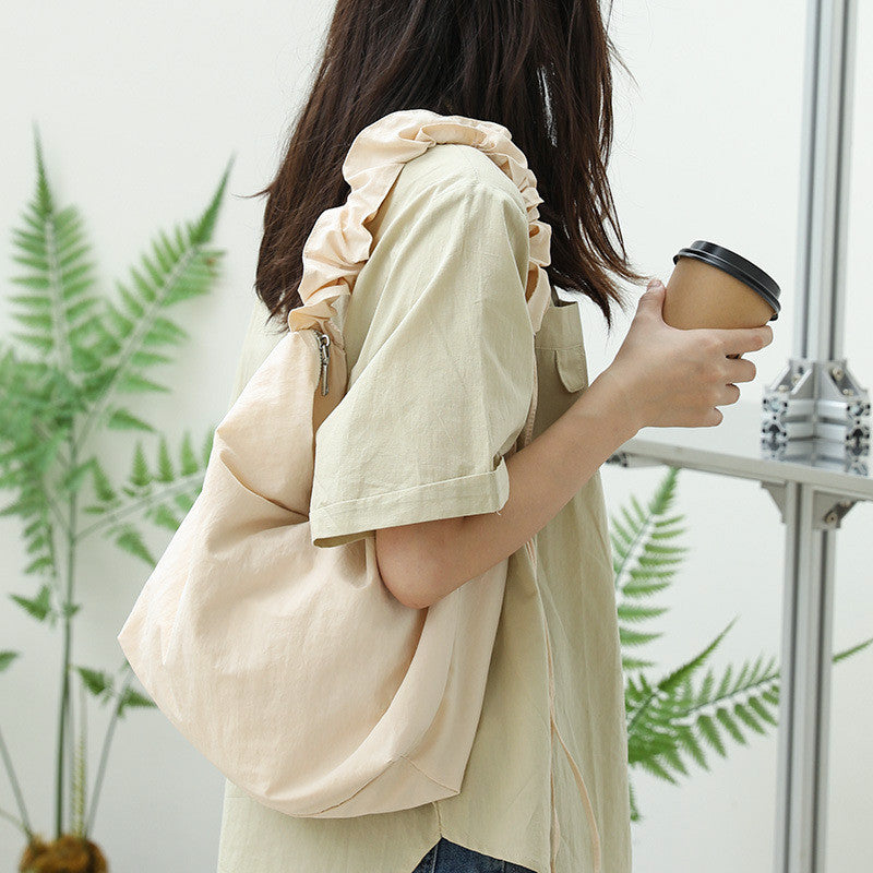 Ielgy Japanese Casual Drawstring Handbag Small Fresh Pleated Shoulder Fashion Nylon Cloth Crossbody Bag