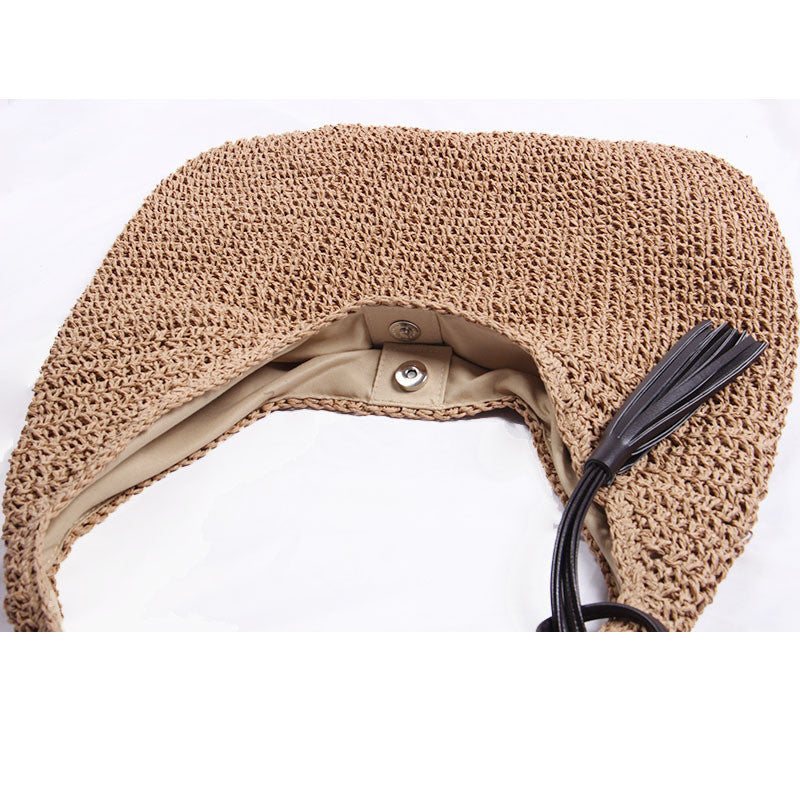 Ielgy One-Shoulder Large-Capacity Straw Bag Casual Beach Bag Vacation One-Shoulder Portable Commuter Fe