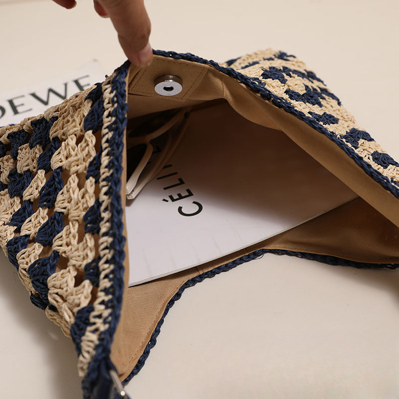 Ielgy Straw Hollow Contrast Color Woven Bag Vacation Beach Bag