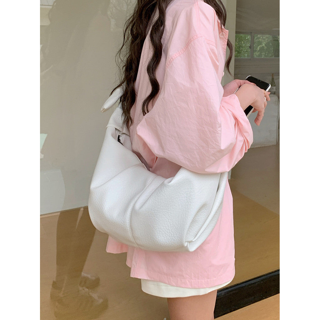 Ielgy Ladies Large-Capacity Retro Soft Leather Pleated Dumpling Bag Lazy Style Casual All-Match Croissant Shoulder Mess