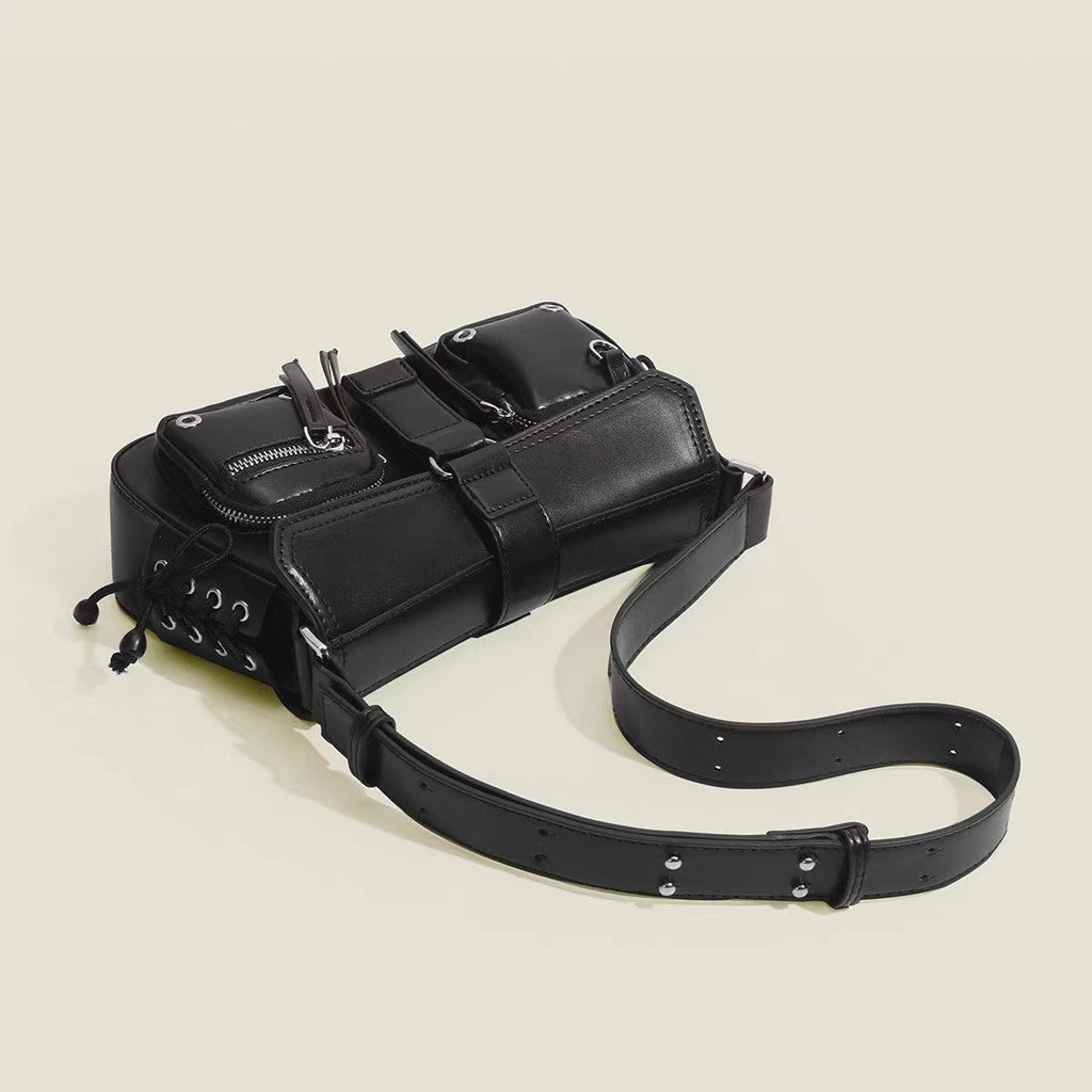Ielgy High-End Feeling Black Motorcycle Bag Sweet Cool Hot Girl Baguette Bag Niche One-Shoulder Messenger Underarm Bag