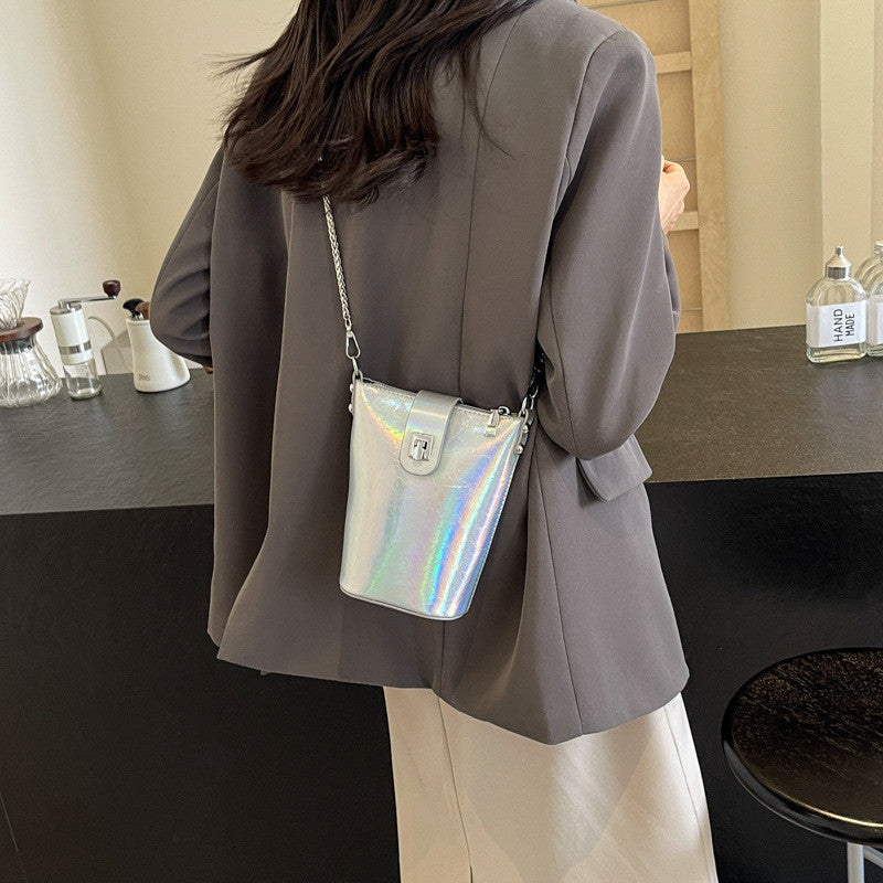 Ielgy Korean Version Casual Silver Bucket Bag Fashion Simple Shoulder Ladies Cross-body Mobile Phone Bag