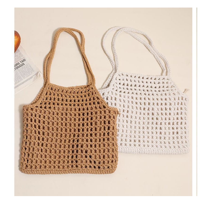 Ielgy Hollow Portable Cotton Thread Woven Bag Leisure Straw Woven Holiday Style Beach Bag All-Match Female Bag